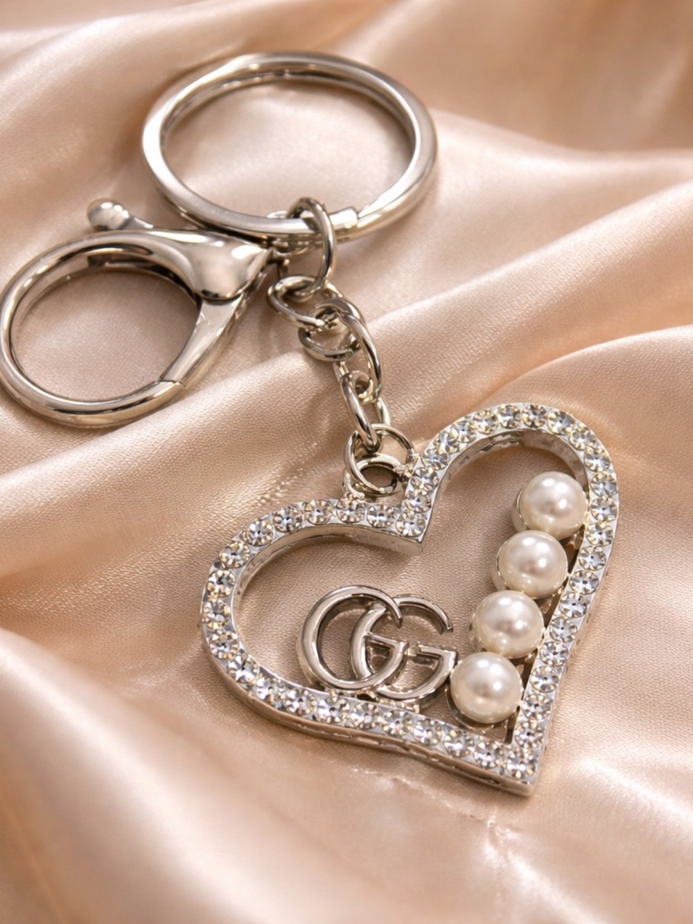 Silver Heart with GG and Pearl Keychain